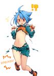  !? 1boy blue_hair blush fingerless_gloves future_card_buddyfight gloves hard_translated kantai_collection male_focus navel open_mouth parody red_eyes ryuuenji_tasuku simple_background solo thigh_gap tobi_(one) torn_clothes translated trap white_background wide_hips 