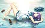  arched_back armpits bag bare_legs barefoot blue_eyes blue_hair covered_navel dress highres hiradaira_chisaki long_hair long_legs lying nagi_no_asukara on_back partially_submerged revision sailor_dress school_uniform serafuku shoes_removed side_ponytail socks_removed solo youbou 