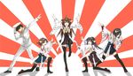  4girls admiral_(kantai_collection) black_hair black_legwear blue_eyes brown_eyes brown_hair detached_sleeves flag_background glasses gloves hairband haruna_(kantai_collection) hat hiei_(kantai_collection) highres kantai_collection kirishima_(kantai_collection) kongou_(kantai_collection) long_hair military military_hat military_uniform multiple_girls nontraditional_miko peaked_lapels pose red_eyes rising_sun short_hair skirt sunburst thighhighs uniform white_gloves yan_wen_zi 