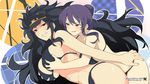  2girls abs arm ass ass_grab bikini black_bikini black_hair black_swimsuit blush breast_grab breast_press breasts clenched_teeth curly_hair daidouji_(senran_kagura) female folded_ponytail from_behind grabbing grin hat huge_breasts large_breasts looking_at_another midriff mole multiple_girls mutual_yuri naughty_face official_art open_mouth parted_lips purple_hair red_eyes senran_kagura senran_kagura:_estival_versus senran_kagura_(series) senran_kagura_estival_versus short_hair smile smirk striped_background suzune_(senran_kagura) sweat swimsuit teeth toned underboob very_long_hair visor_cap wallpaper yuri 