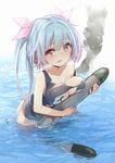  blush breast_rest breasts breath collarbone i-19_(kantai_collection) kantai_collection kojiki-life large_breasts one-piece_swimsuit open_mouth school_swimsuit smoke solo swimsuit torn_clothes torn_swimsuit torpedo twintails wading water wet wet_hair 