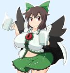  &gt;:) beer_mug belly belly_peek bird_wings blush bouncing_breasts bow breasts brown_hair cape cowboy_shot cup date_pun drink giving hair_bow holding holding_cup huge_breasts long_hair looking_at_viewer manorea milk navel number_pun open_clothes open_shirt plump red_eyes reiuji_utsuho shirt skirt smile solo third_eye touhou translated v-shaped_eyebrows wide_hips wings 