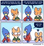  avian bird blush canine cat-boots comic cute dialogue duo embarrassed english_text falco_lombardi fox fox_mccloud male male/male mammal nintendo star_fox text video_games 