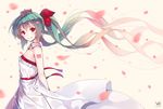  arms_behind_back blonde_hair blush detached_collar dress frilled_dress frills from_side gradient_hair green_hair hair_ribbon hatsune_miku highres long_hair looking_at_viewer multicolored_hair number petals red_eyes ribbon smile solo twintails veilrain very_long_hair vocaloid watermark white_dress wind 