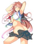  aqua_eyes arms_up ass bad_id bad_pixiv_id blush breasts hairband large_breasts long_hair looking_at_viewer original pink_hair school_uniform serafuku simple_background skirt smile solo tenpesuto torn_clothes twisted_torso underboob very_long_hair white_background 