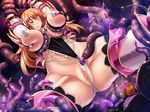  1girl arms_up breast_grab breasts brown_hair clenched_teeth grabbing gradient gradient_background huge_breasts imminent_rape lilith-soft long_hair monster pasties pussy restrained taimanin_asagi taimanin_asagi_battle_arena tana_(garyuh-chitai) tears teeth tentacle thalia_henderson 