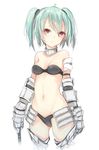  armor ass_visible_through_thighs bikini black_bikini breasts cleavage cropped_legs faulds gauntlets green_hair groin kojiki-life navel neck_brace original parted_lips red_eyes simple_background small_breasts solo swimsuit twintails white_background 