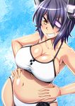  belly bikini breasts curvy eyepatch fat grin hands_on_hips kantai_collection large_breasts nokoppa plump purple_hair short_hair smile solo standing swimsuit tenryuu_(kantai_collection) yellow_eyes 