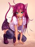  ahoge animal_ears blue_eyes blush cat_ears cat_tail collarbone female flat_chest gradient gradient_background green_eyes hair_between_eyes long_hair looking_at_viewer mouth_hold mx2j_(nsh6394) nipples open_clothes open_shirt purple_hair ribbon_in_mouth shirt shoes skirt skirt_lift small_breasts solo squatting tail thighhighs 
