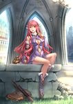  :d boots breasts cleavage_cutout detached_sleeves dress highres long_hair md5_mismatch medium_breasts navel open_mouth original pink_eyes pink_hair pointy_ears purple_dress purple_footwear ruins sitting smile solo sword tiara very_long_hair weapon youbou 