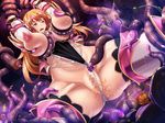  1girl arms_up breast_grab breasts brown_hair grabbing gradient gradient_background huge_breasts imminent_rape lilith-soft long_hair monster open_mouth pussy restrained taimanin_asagi taimanin_asagi_battle_arena tana_(garyuh-chitai) tears tentacle thalia_henderson 