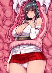 1girl black_hair breasts cleavage detached_sleeves fusou_(kantai_collection) hair_ornament ishimura_(ishimura-ya) japanese_clothes kantai_collection monster panties red_eyes slime smile sweat tentacle thick_thighs underwear vore white_panties wide_hips x-ray 