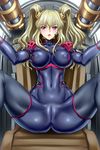  blonde_hair blush bodysuit breasts cameltoe code_geass code_geass:_boukoku_no_akito covered_navel covered_nipples headset highres large_breasts leila_(code_geass) open_mouth purple_eyes sitting skin_tight solo spread_legs twintails youbou 