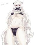  bikini black_bikini breasts cameltoe cleavage covered_mouth covered_nipples horns jpeg_artifacts kantai_collection large_breasts long_hair looking_at_viewer maruki_(punchiki) micro_bikini midway_hime navel red_eyes shinkaisei-kan simple_background solo swimsuit twitter_username very_long_hair white_background white_hair white_skin 