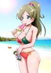  bikini breasts brown_hair food food_print green_eyes highres large_breasts long_hair minamino_kanade ponytail popsicle precure print_bikini ryuuta_(cure_ryuuta) solo suite_precure swimsuit watermelon_bar watermelon_print 