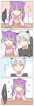  1girl 4koma :&gt; absurdres animal_ears blush chinese closed_eyes comic flower_(symbol) green_eyes highres league_of_legends lulu_(league_of_legends) pointing purple_hair riri_(no-name_girl) scar smile translation_request veigar white_hair yellow_eyes yordle 