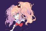  778-go :q bad_id bad_pixiv_id blonde_hair blue_eyes blush breasts cleavage danganronpa danganronpa_1 dark_background enoshima_junko hair_ornament head_tilt highres medium_breasts necktie purple_background ribbon simple_background solo spoilers tongue tongue_out twintails 