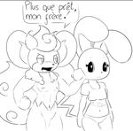  2015 anthro azumarill big_ears black_and_white bleuet clothed clothing dialogue duo elpatrixf female flammin&#039;go french_text male midriff monochrome navel nintendo nude open_mouth pok&eacute;mon pok&eacute;morph simisear simple_background text video_games white_background 