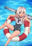  bad_id bad_pixiv_id blonde_hair blue_eyes crop_top flower hair_flower hair_ornament kantai_collection lifebuoy long_hair one-piece_tan ro-500_(kantai_collection) sailor_collar school_swimsuit solo swimsuit swimsuit_under_clothes tan tanline ten-chan_(eternal_s) torpedo 