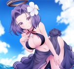  bikini black_bikini blush breasts cleavage collarbone flower hair_flower hair_ornament hand_on_own_chest kantai_collection large_breasts leaning_forward looking_at_viewer navel osaji0909 purple purple_eyes purple_hair sarong smile solo swimsuit tatsuta_(kantai_collection) water 