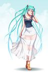  aqua_eyes aqua_hair blush breasts collarbone commentary_request contrapposto covered_navel fingernails full_body gradient gradient_background gradient_hair green_hair hair_ornament hatsune_miku high_heels long_hair long_skirt looking_at_viewer medium_breasts multicolored multicolored_eyes multicolored_hair nail_polish open_toe_shoes purple_eyes sandals see-through shirt shoes skirt skirt_hold smile solo standing toenail_polish toenails toes twintails very_long_hair vocaloid wokada 