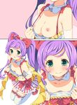  aqua_eyes blush bow breasts collarbone downblouse dress_pull hair_bow homing_(areya) looking_at_viewer manaka_lala nipples pretty_(series) pripara purple_eyes small_breasts solo suspenders tears thighhighs twintails white_legwear 