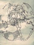  bow crescent cross dress gengetsu hair_bow maid maid_headdress monochrome mugetsu multiple_girls red_bow ribbon short_hair siblings sisters sketch smile touhou touhou_(pc-98) traditional_media twitter_username wadante wings 
