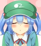  backpack bag blue_hair blush closed_eyes facing_viewer hair_bobbles hair_ornament hat highres houkiboshi incoming_kiss kawashiro_nitori key long_sleeves open_mouth red_ribbon ribbon shirt short_hair solo touhou twintails two_side_up upper_body 