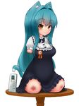 1girl amputee animal_ears animal_tail blue_hair blush bow brown_eyes cat_ears cat_tail dress looking_at_viewer mikeysukairain quadruple_amputee ribbon simple_background sitting solo table tail tharitkung very_long_hair white_background 