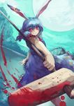  animal_ears berabou blood blue_dress blue_hair bunny_ears dress ear_clip frilled_dress frills full_moon highres kine looking_at_viewer mallet moon puffy_short_sleeves puffy_sleeves red_eyes seiran_(touhou) short_sleeves solo tongue touhou 