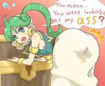 arabian_clothes asha_(monster_world) ass bent_over bracelet earrings english female gradient gradient_background green_eyes green_hair jewelry kamiomutsu looking_at_viewer looking_back monster_world monster_world_iv ponytail sideboob skirt solo speech_bubble treasure_chest 