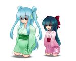  2girls amputee blue_hair blush bow breasts brown_eyes green_eyes hair_bow japanese_clothes long_hair mikeysukairain multiple_girls obi open_mouth quadruple_amputee simple_background small_breasts smile tanabata tharitkung twintails very_long_hair white_background yukata 