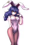 animal_ears arm_behind_back blue_hair blush breasts bunny_ears bunnysuit ear_clip expressionless hand_in_hair large_breasts light_smile looking_at_viewer miata_(miata8674) pale_skin pantyhose red_eyes seiran_(touhou) shadow short_hair simple_background solo touhou white_background wrist_cuffs 