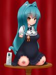  1girl amputee animal_ears animal_tail blue_hair blush bow brown_eyes cat_ears cat_tail dress looking_at_viewer mikeysukairain quadruple_amputee ribbon sitting solo table tail tharitkung very_long_hair 