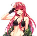  ahoge bikini bikini_top black_bikini black_gloves blush breasts camouflage cleavage dog_tags fingerless_gloves gloves large_breasts long_hair looking_at_viewer milcho military military_uniform navel open_mouth original red_eyes red_hair salute simple_background smile solo sweat swimsuit uniform white_background 