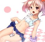  :o ayagi_daifuku blush bunny censored checkered checkered_floor collarbone flat_chest flower hair_flower hair_ornament kantai_collection looking_at_viewer navel no_panties novelty_censor pink_eyes pink_hair pleated_skirt sazanami_(kantai_collection) scrunchie simple_background sketch skirt skirt_lift solo swimsuit wrist_scrunchie 
