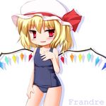  1girl engrish female flandre_scarlet hat one-piece_swimsuit simple_background solo swimsuit touhou unjou_takehiro 