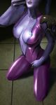  bodysuit breasts center_opening kaihlan kneeling large_breasts lips overwatch pink_bodysuit purple_skin skin_tight solo widowmaker_(overwatch) 