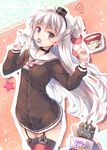  amatsukaze_(kantai_collection) brown_eyes character_name choker dotted_line food garter_straps gloves haagen-dazs half_updo hinooka_shuuji ice_cream ice_cream_spoon kantai_collection kunreishiki long_hair looking_at_viewer o_o open_mouth rensouhou-kun school_uniform serafuku single_glove spoon two_side_up white_gloves white_hair 