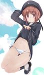  brown_eyes brown_hair eyebrows_visible_through_hair hat kantai_collection lifted_by_self looking_at_viewer navel panties sailor_hat shoes short_hair side-tie_panties skirt skirt_lift solo striped striped_panties underwear yumesato_makura z3_max_schultz_(kantai_collection) 