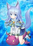  :3 animal_ears bad_id bad_pixiv_id blue_background blue_eyes blue_hair blush capelet creature demon_wings expressionless fox_ears fox_tail frilled_skirt frills grimorigin hakugin_no_shikigami_izuna long_hair original ribbon-trimmed_sleeves ribbon_trim riding sandals skirt solo tabi tail wings wraith_the_etoile 