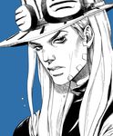  araki_hirohiko_(style) crosshatching face facial_hair goggles goggles_on_headwear gyro_zeppeli hat hel0205 highres jojo_no_kimyou_na_bouken long_hair male_focus monochrome portrait solo steel_ball_run sweatdrop 