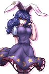  animal_ears arm_behind_back blue_dress blue_hair breasts bunny_ears cowboy_shot crescent dress ear_clip hand_in_hair large_breasts long_hair looking_at_viewer low-tied_long_hair miata_(miata8674) pale_skin parted_lips puffy_short_sleeves puffy_sleeves red_eyes seiran_(touhou) shadow short_hair short_sleeves simple_background solo star touhou white_background 