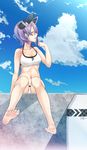  ankh_(ankh_05) barefoot bikini blue_sky blush breasts cloud collarbone concrete day hair_between_eyes headgear highres hot kantai_collection looking_away looking_to_the_side medium_breasts navel on_wall open_mouth outdoors playing_with_own_hair profile purple_hair short_hair sitting sky soles solo sunlight sweat swimsuit tenryuu_(kantai_collection) wall 