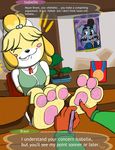  2015 animal_crossing bdsm blush bondage bound canine clothed clothing dialogue dog drawing giggle isabelle_(animal_crossing) lu123 mammal nintendo office paws smile text text_box tickle_torture tickling video_games 