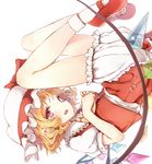  ascot asymmetrical_wings blonde_hair bloomers dress flan_(harry_mackenzie) flandre_scarlet hat mary_janes open_mouth red_dress red_eyes shoes short_hair side_ponytail solo touhou underwear upside-down wings 