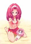  akagi_towa bikini chiroru_(7450n) go!_princess_precure kneeling long_hair pink_eyes precure puff_(go!_princess_precure) red_eyes sarong swimsuit 
