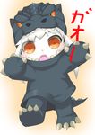  absurdres alternate_costume brown_eyes cosplay godzilla godzilla_(cosplay) godzilla_(series) gori-san highres kantai_collection kigurumi looking_at_viewer northern_ocean_hime open_mouth pose shinkaisei-kan solo translated white_hair white_skin 