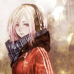  blonde_hair headphones highres hood hood_down hooded_track_jacket jacket looking_at_viewer matajirou_(matagiro) original pink_eyes scarf sennheiser solo track_jacket upper_body 