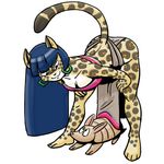  anthro armadillo bent_over blue_hair breasts carelessdoodler cleavage clothed clothing duo ear_piercing eye_contact feline female feral hair jaguar mammal piercing scared simple_background solo white_background 